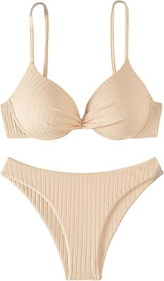 WDIRARA Women's 2 Piece Swimsuit Ribbed Knit Push Up Wireless Bikini Set Bathing Suits | Amazon (US)