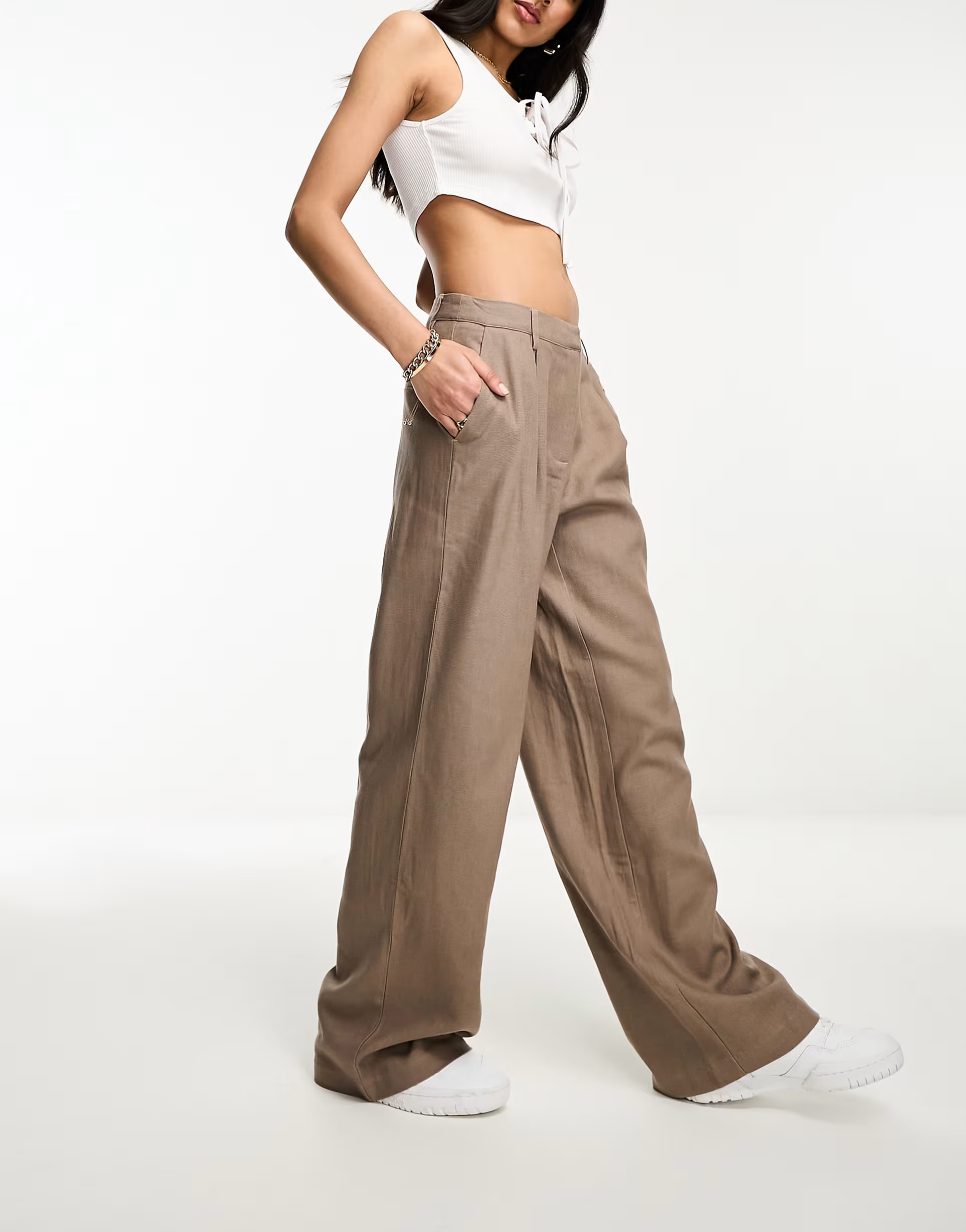 NA-KD heavy highwaist wide leg linen trousers in brown | ASOS (Global)