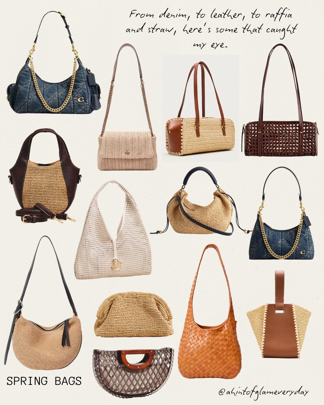 Spring outfits 2026. Spring bags. Handbags. Denim bags. Straw bags. Raffia bags. Leather bags. Shoulder bags. Crossbody bags. 
My favorite bags are the ones that come with multiple straps for diff ways to carry  

#LTKOver40
