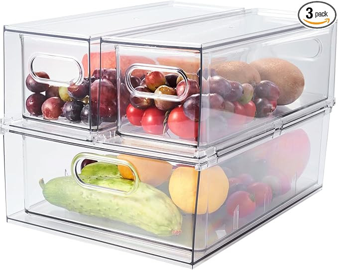 3 Pack Stackable Refrigerator Organizer Bins with Pull-out Drawer, Clear Fridge Drawer Organizer ... | Amazon (US)