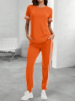 Women 2 Piece Outfits Summer Set Striped Short Sleeve Sweatsuits Crew Neck Pullover Lounge Tracks... | Amazon (US)