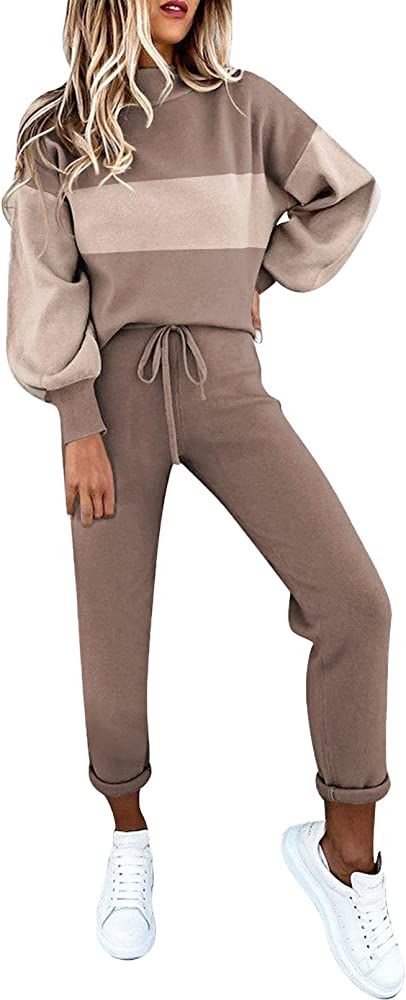 Cutiefox Women's 2 Piece Sweatsuit Outfits Lantern Sleeve Pullover Tops and High Waist Jogger Pan... | Amazon (US)