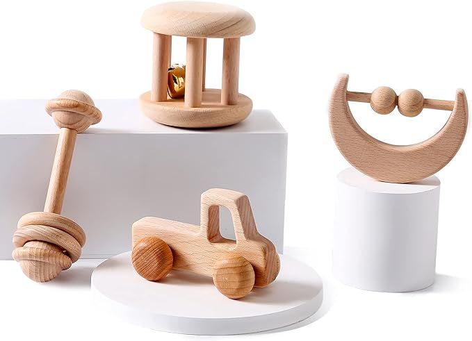 Wood Baby Rattle Personalizable Infant Rattle Sensory Development Wooden Toys Set | Amazon (US)