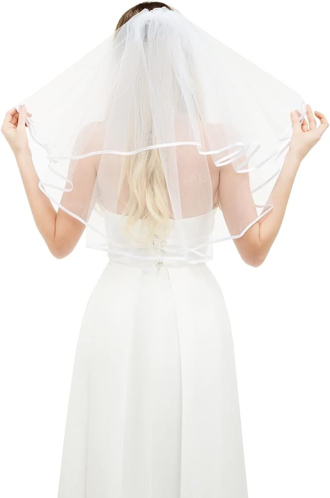 White Bridal Veil Short 2 Tier Veil with white binding Wedding Veil Bachelorette Party Bridal Sho... | Amazon (US)