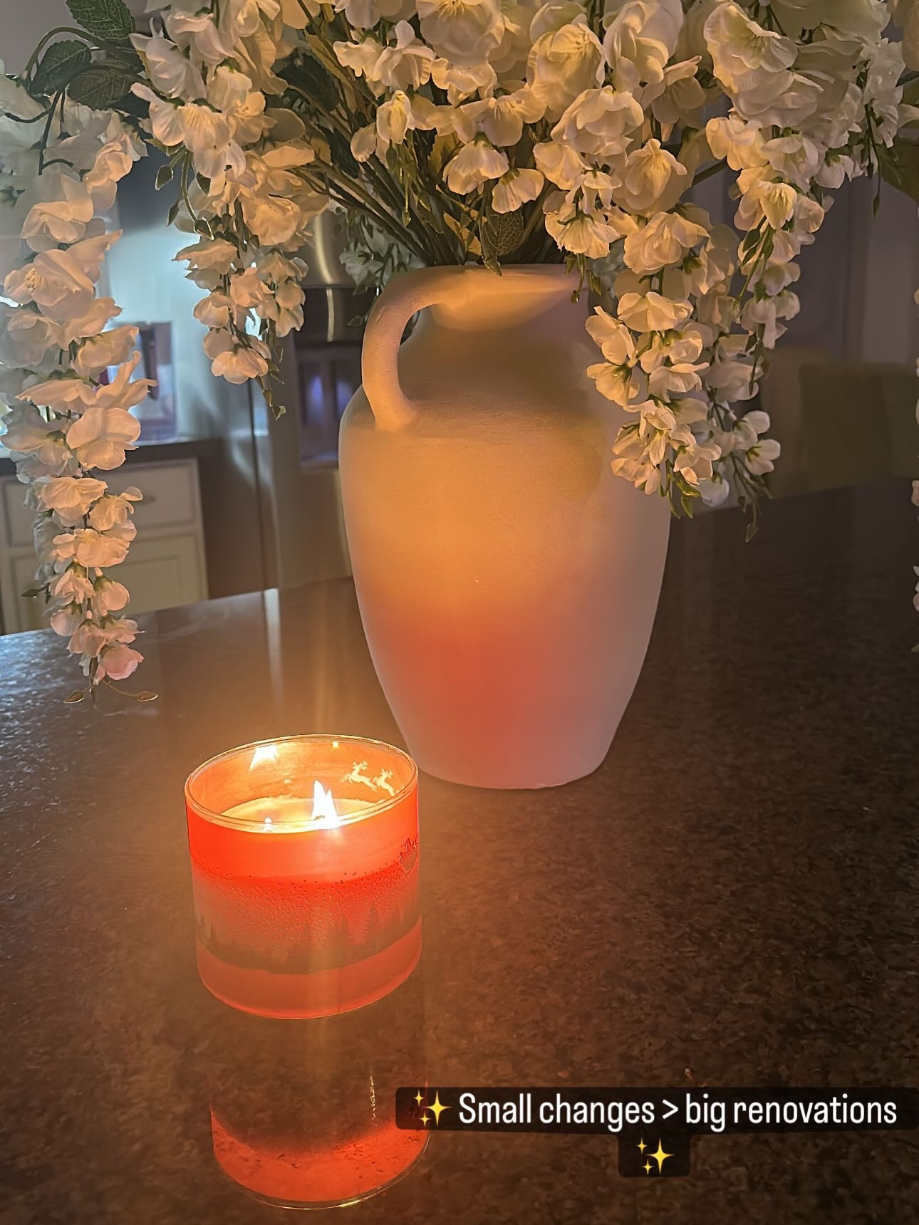✨ This is your sign that small details matter more than big renovations ✨I didn’t change my kitchen. Click this link to buy this vase
I didn’t renovate.
I didn’t replace countertops.

I just added flowers, lit a candle, and slowed down for the evening 🕯️🤍

And somehow… it made the whole space feel warmer, calmer, more like home.

Proof that turning a house into a home isn’t always about doing more — sometimes it’s about doing less.  #athomewithmolly28 
#cozyhomevibes 
#turningahouseintoahome 
#homeinspo 

Whats your style for your kitchen island? Comment below👇

#LTKHome #LTKstorytime #LTKSaleAlert