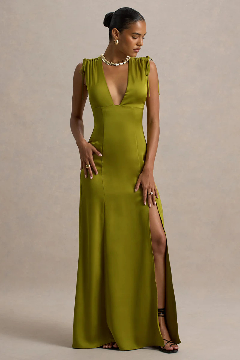 Ysabella | Olive Satin Plunge-Neck Split Maxi Dress | Club L London