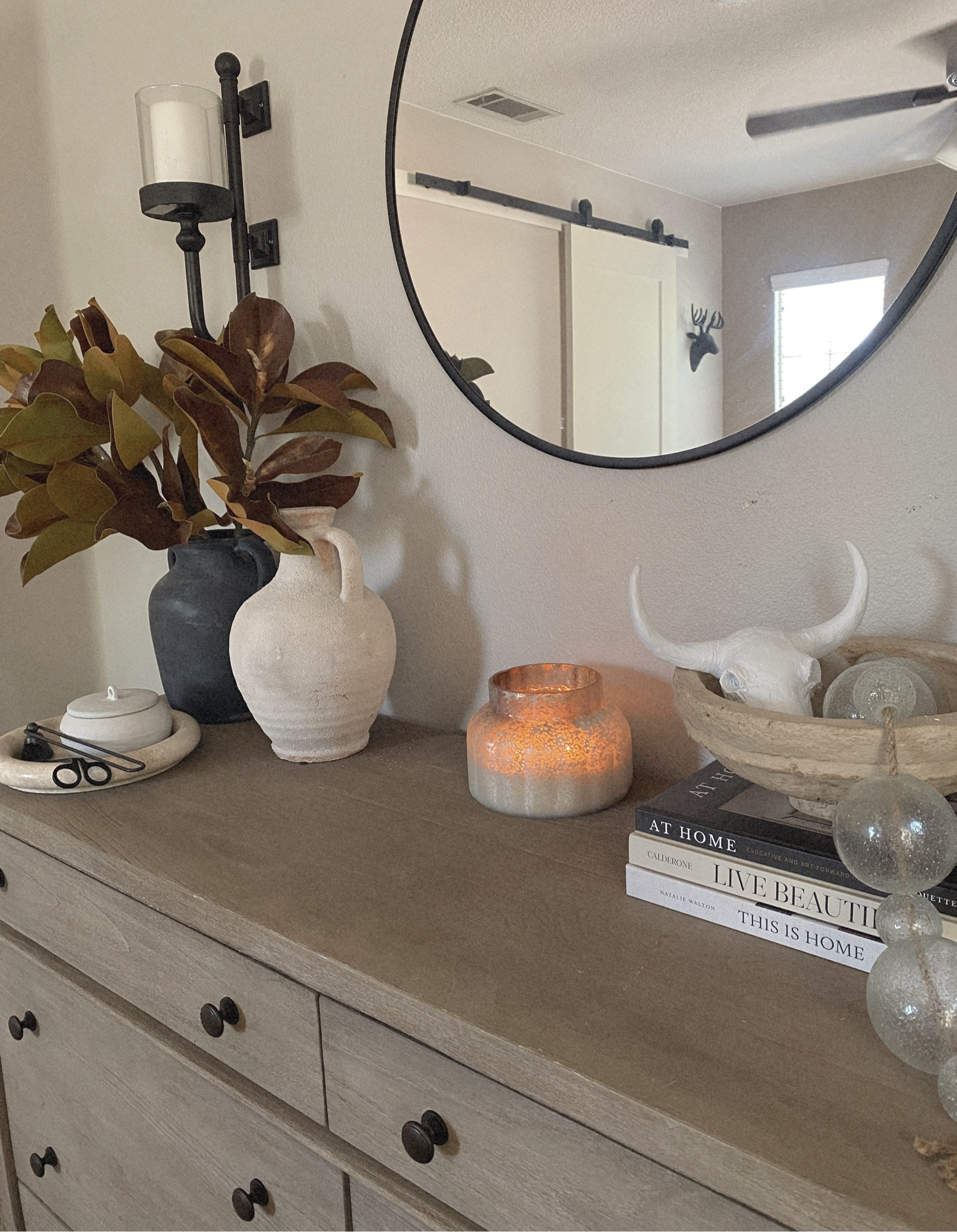 Neutral home, modern western home, dresser styling, master bedroom decor, Pottery Barn, Capri Blue, Amazon, Target home

#LTKhome