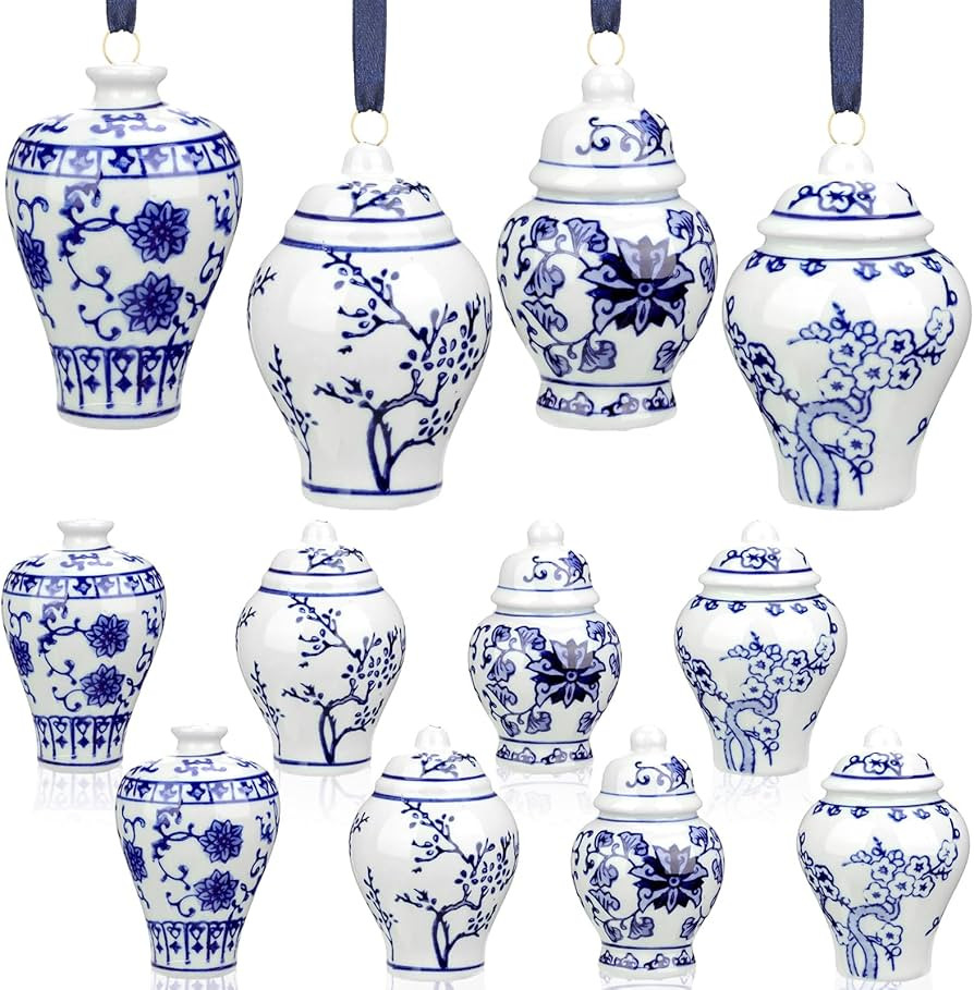 12 Pieces Christmas Ornaments Chinoiserie Porcelain Blue and White Ornaments Mini Ginger Jar Chri... | Amazon (US)