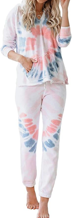 KIRUNDO Women’s Tie Dye Pajamas Set Long Sleeves Jogger PJ Sets Two Pieces Round Neck Loungewea... | Amazon (US)