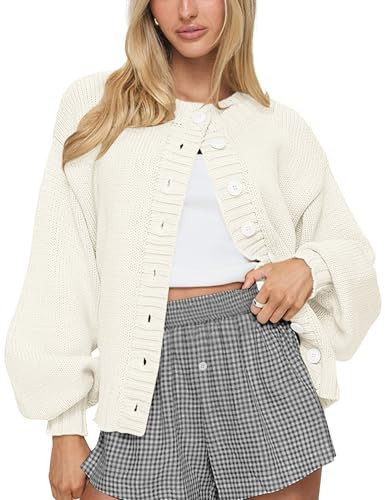 LOMON Cardigan Sweaters for Women Lantern Long Sleeve Button Up Sweater Casual Loose Knit Open Front Cardigan Jacket White | Amazon (US)