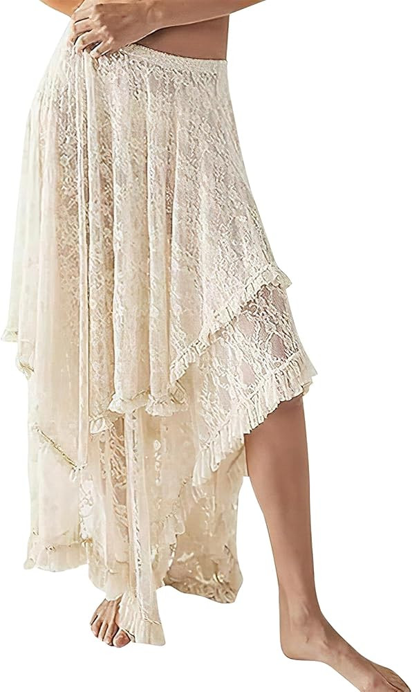 ROJZR Womens Lace Long Skirts Elastic High Low Asymmetrical Layered Hem Sexy See-Through Maxi Ski... | Amazon (US)