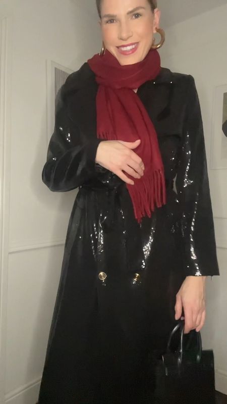 Sequin trench, burgundy scarf, mango scarf, ysl bag, all black look, festive coat, nye outfit #LTKGift 

#LTKover40 #LTKeurope #LTKVideo