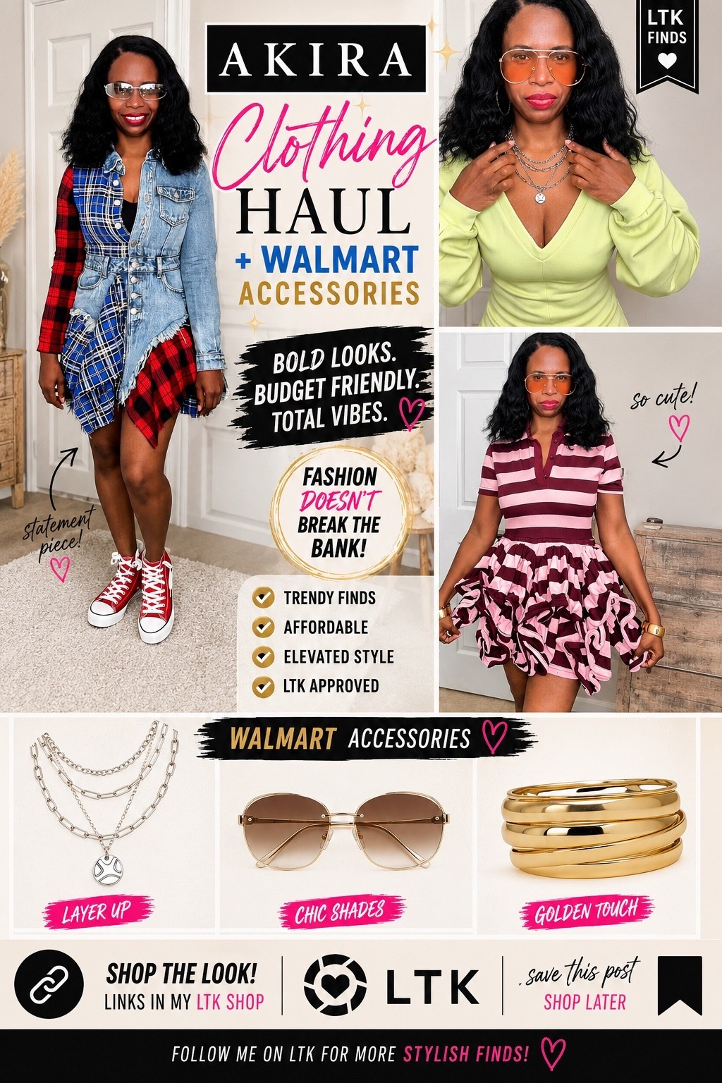 Here are the items from my latest YouTube haul. This haul included a comfy jumpsuit and some really cute shirt dresses from AKIRA it also included canvas high tops and chain link silver jewelry from Walmart.

#LTKgrwm #LTKootd #LTKOver40