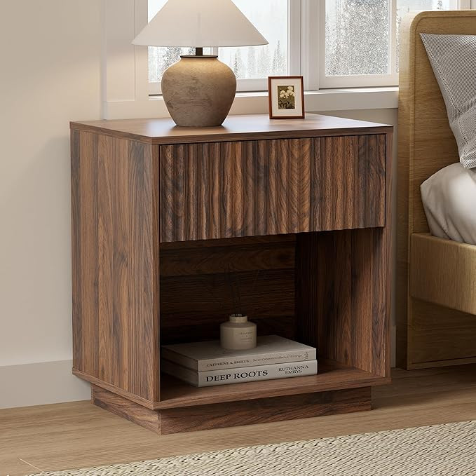 22 Inch Fluted Nightstand, Wooden Night Stand with Large Storage Drawer & Open Shelf, Mid Century... | Amazon (US)