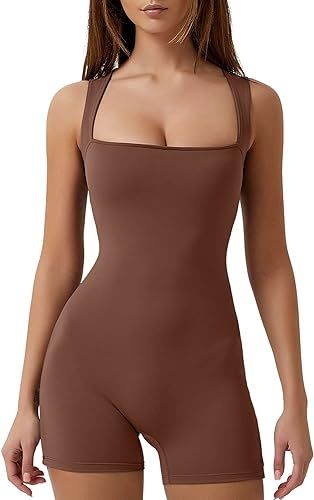 QINSEN Womens Strappy Square Neck Tank Top Tummy Control Bodycon Stretch Shorts Jumpsuit Rompers | Amazon (US)