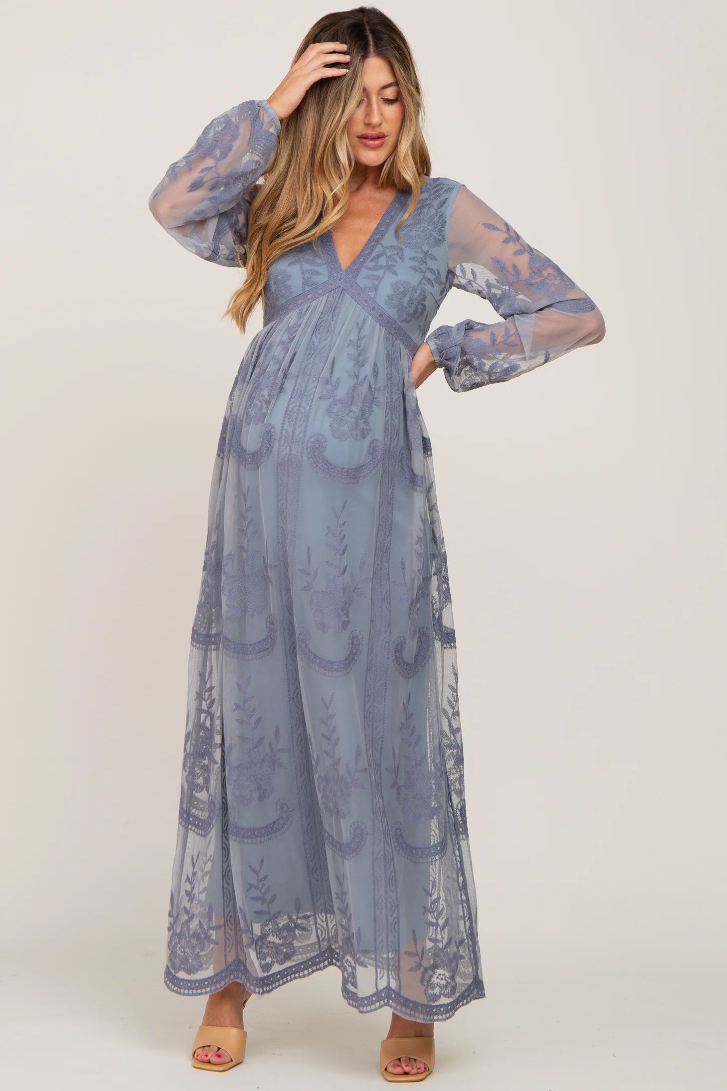 PinkBlush Blue Grey Lace Mesh Overlay Long Sleeve Maternity Maxi Dress | PinkBlush Maternity