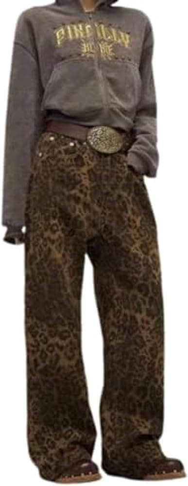 Pokn Leopard Print Cargo Pants for Women Wide-Leg Washed Cargo Pants for Women High Waisted Jean | Amazon (US)