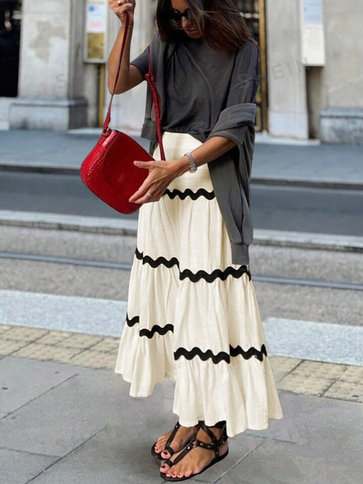 SHEIN Frenchy Women's Fashion Color Block Wave Knee-Length Skirt | SHEIN