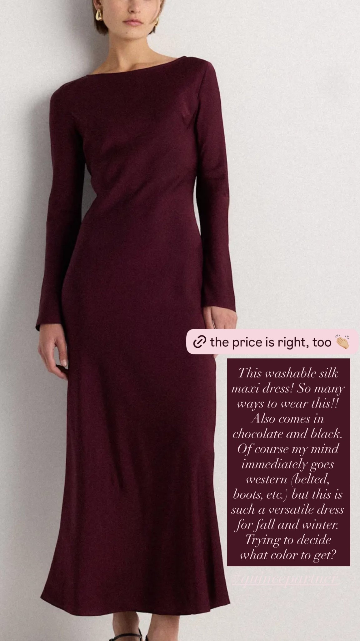 This washable silk maxi dress! So many ways to wear this!! Also comes in chocolate and black. Of course my mind immediately goes western (belted, boots, etc.) but this is such a versatile dress for fall and winter. Trying to decide what color to get? #quincepartner