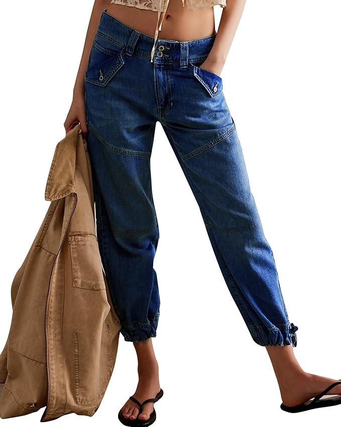 Women Jogger Jeans Casual Mid Waist Crop Wide Leg Jeans Stretchy Baggy Cargo Denim Pants | Amazon (US)
