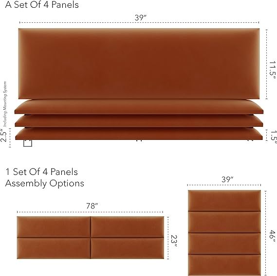 Vänt Upholstered Wall Panels - King/Cal King Size Wall Mounted Headboards - Plush Velvet Rust - ... | Amazon (US)