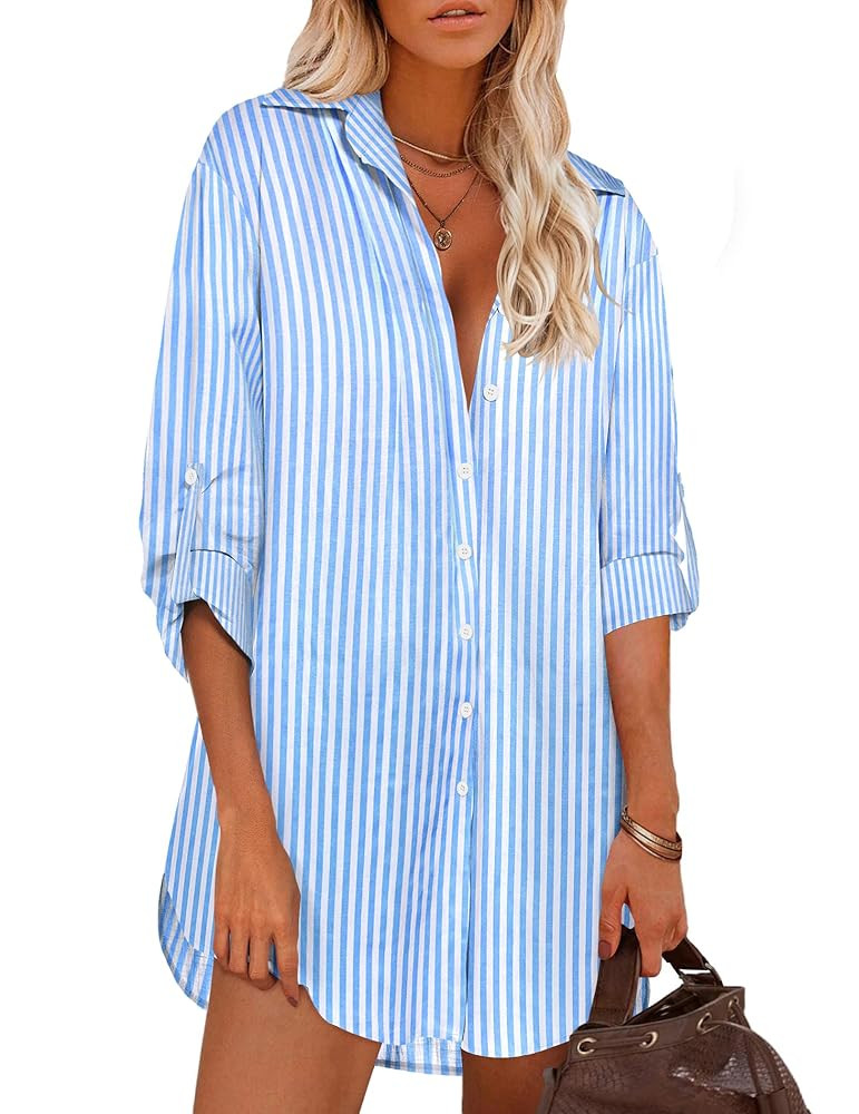 HOTOUCH Women Boyfriend Shirts Button Down Long Sleeve Blouse Cuffed Sleeve Collared Shirt | Amazon (US)