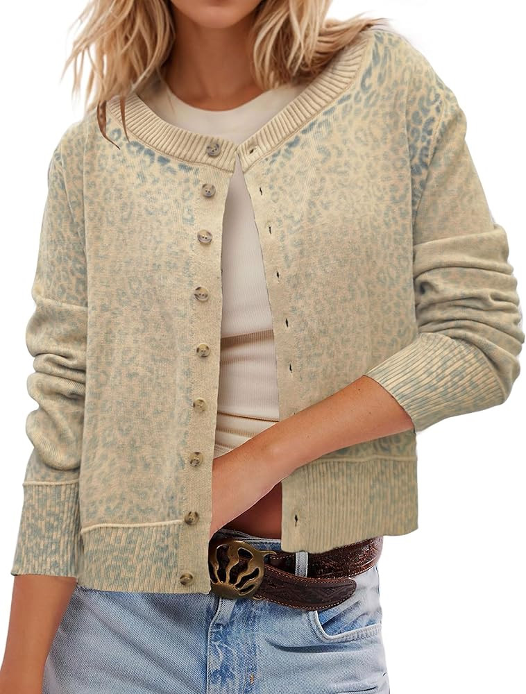 Leopard Cardigan Open Front Button Up Sweaters for Women Long Sleeve Shrug Cheetah Print Top Crop... | Amazon (US)