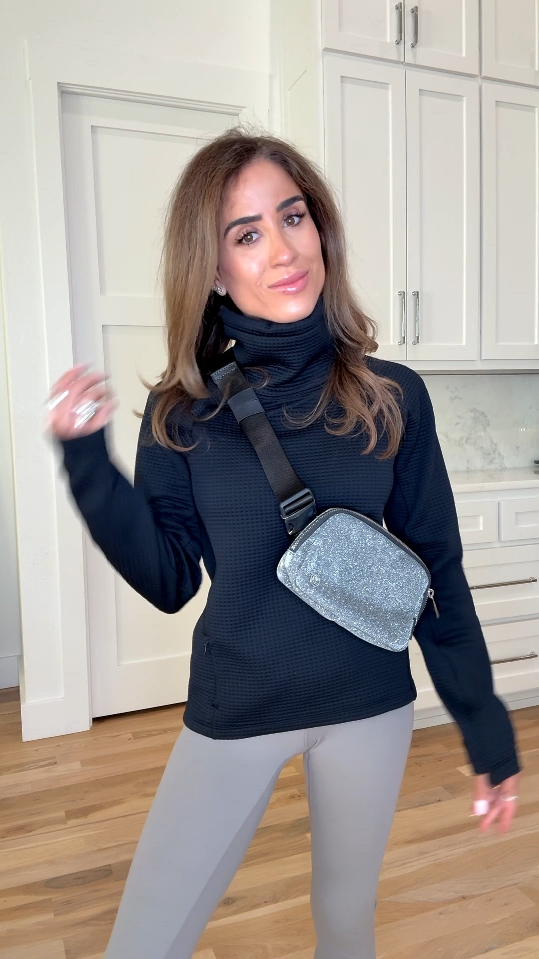 Sparkly belt bag on sale!! Wearing with waffle Knit thermal pullover 
Lululemon sale 

#LTKFindsUnder50 #LTKSaleAlert #LTKFindsUnder100