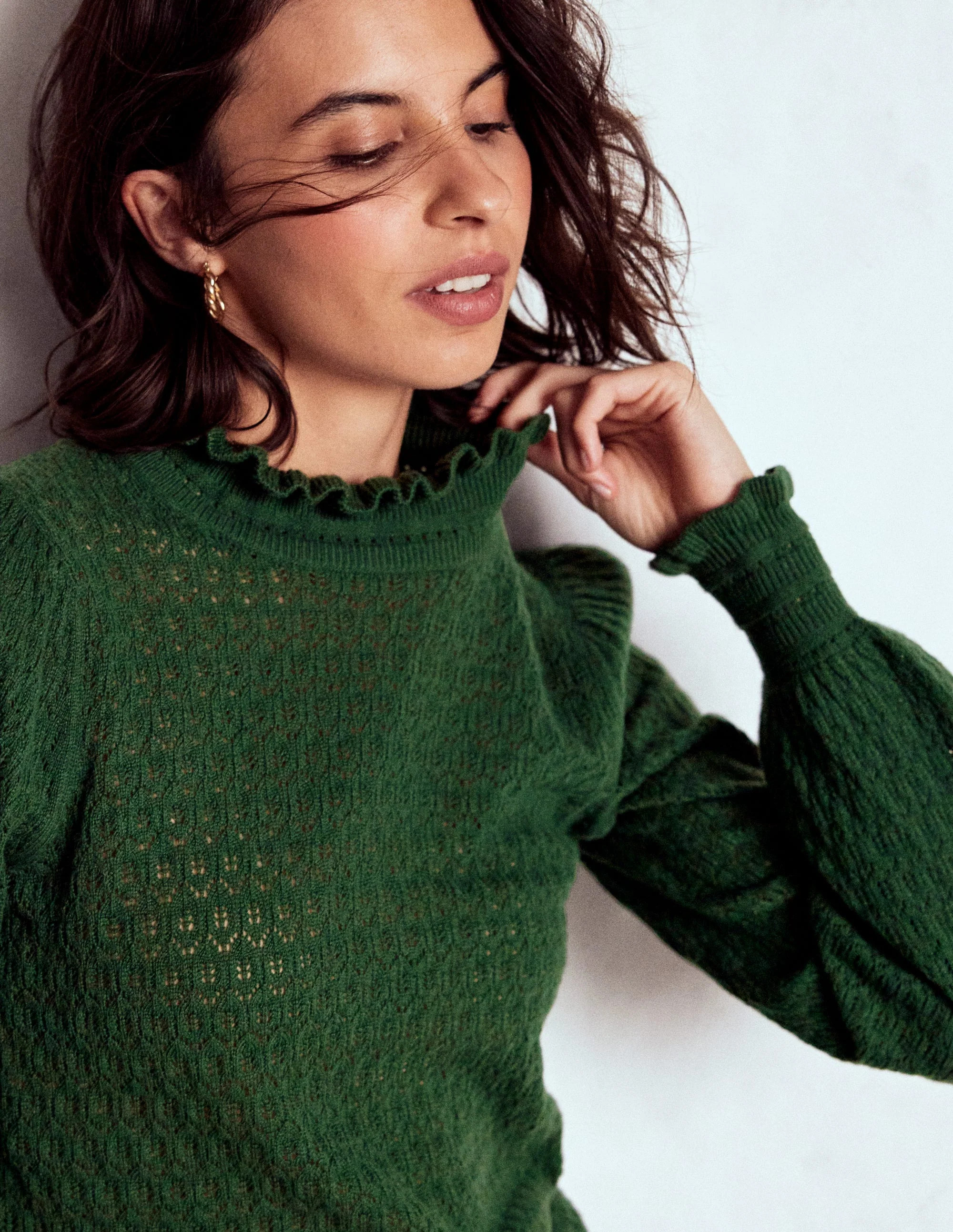 Pointelle Ruffle Sweater-Hunter Green | Boden (US)