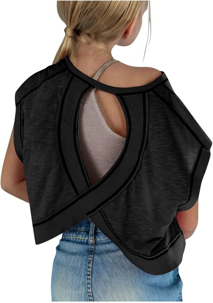 Open Back Tops for Girls Criss Cross Cut Out Tee Backless Casual Short Sleeve Round Neck T Shirt ... | Amazon (US)