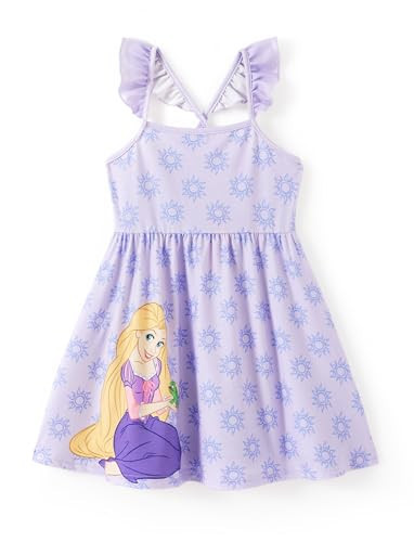 Disney Princess Rapunzel Toddler Girl Dress Purple Character Print Ruffle Sleeve Crossback Strap Sundress Birthday Summer Outfits 4-5T | Amazon (US)