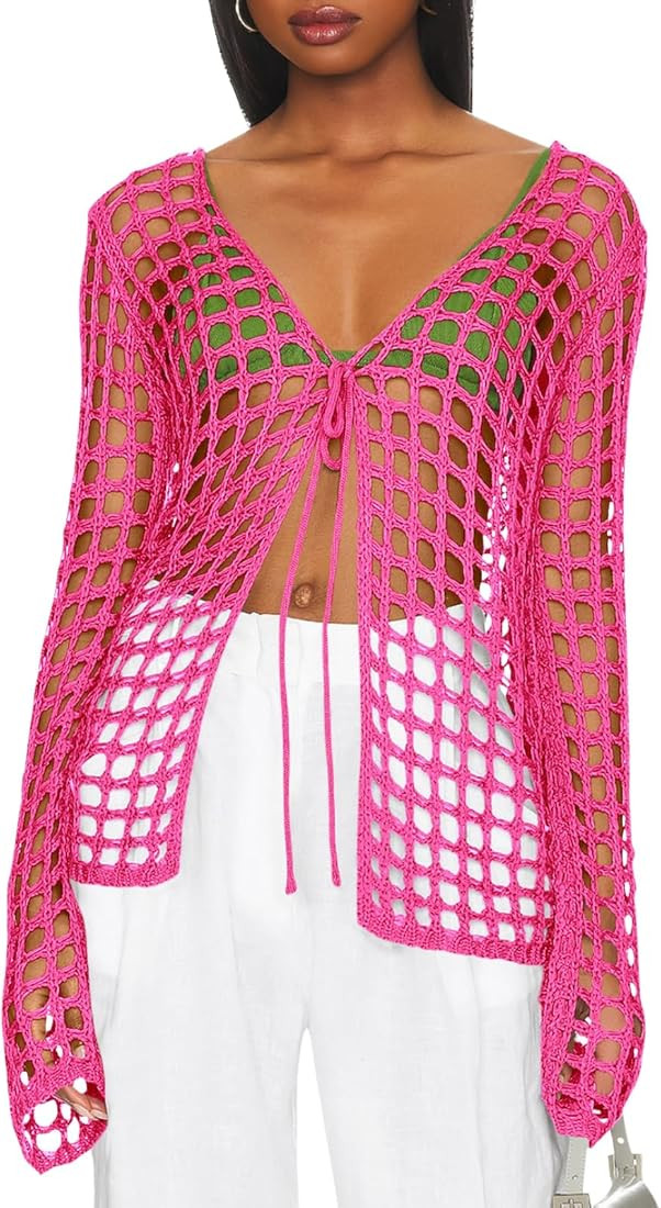 Saodimallsu Womens Long Sleeve Swimsuit Coverup Crochet Hollow Out Tie Front Swim Cover Up Knit C... | Amazon (US)