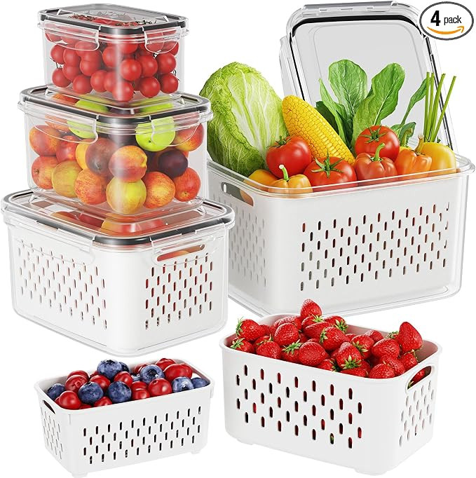4 Pack Fruit Containers for Fridge with Removable Colanders,Stackable Refrigerator Organizer Bins... | Amazon (US)