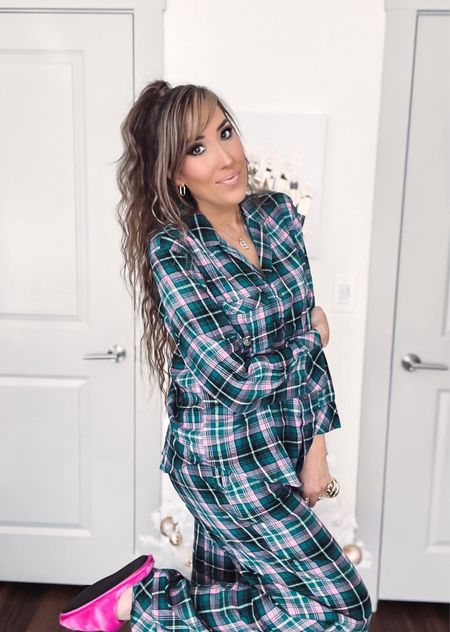 My Victorias Secret pajamas set is on sale for $35. I’m wearing a small and they are so cute in person! Love the gold stitching! 
My slippers are $20 wearing a medium. 

#LTKsalealert #LTKHoliday #LTKSeasonal