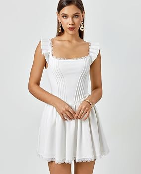 GLNEGE Women's Graduation Summer Mini Corset Dress Square Neck Short Ruffle Sleeve A Line Cute Tr... | Amazon (US)