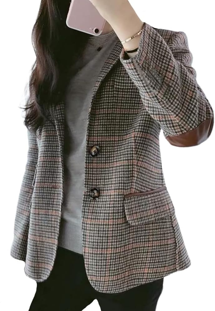 ebossy Womens Vintage Nothced Lapel Single Breasted Boyfriend Blazer Suits Houndstooth Plaid Jacket  | Amazon (US)