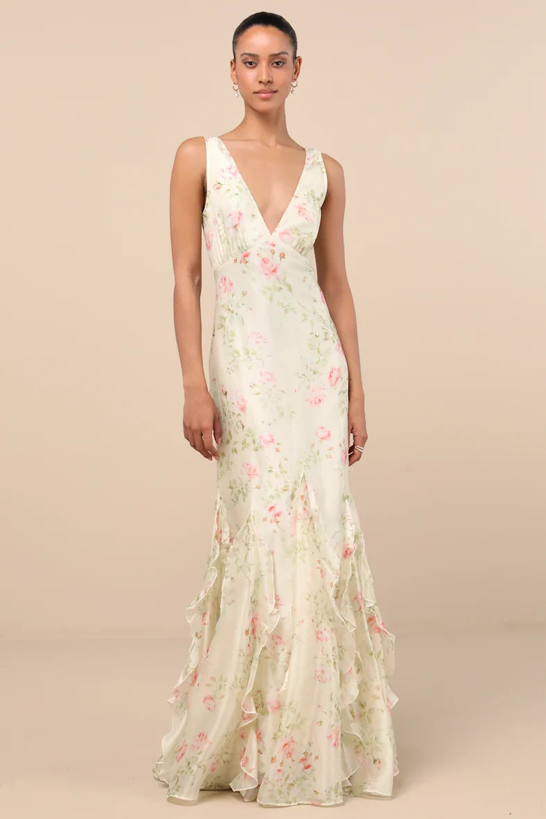 Deluca Cream Floral Sleeveless Ruffled Maxi Dress | Lulus