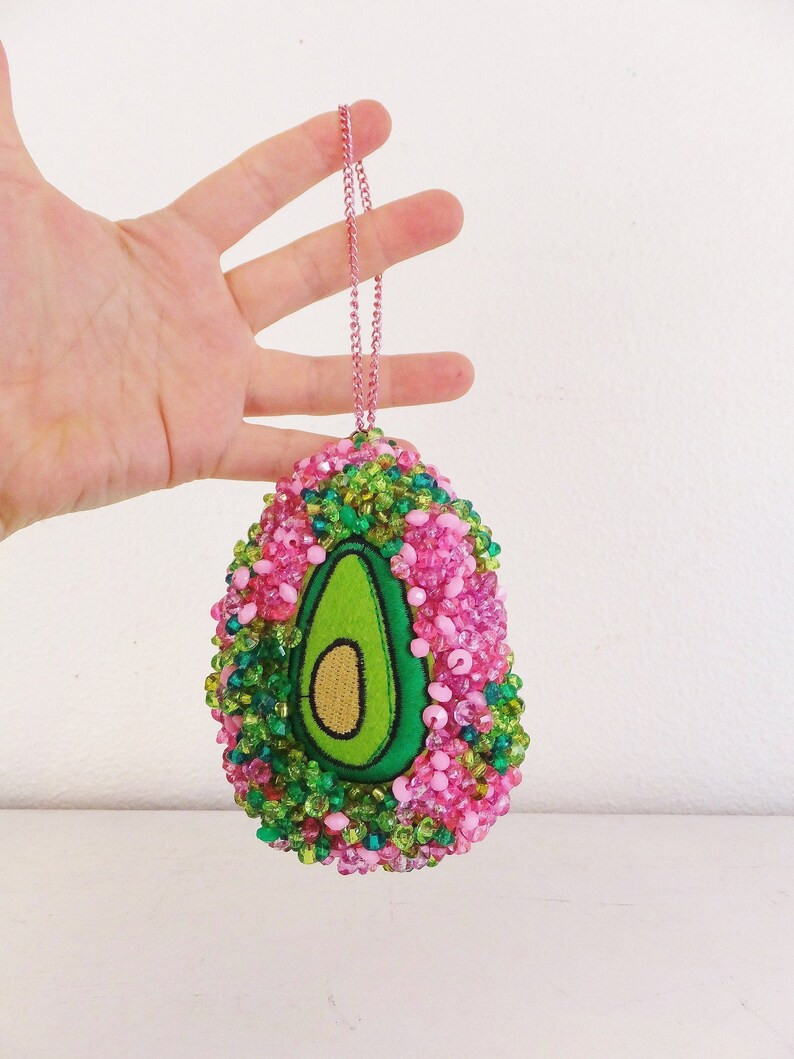 Beaded Avocado Ornament Handmade Green & Pink Large Plush Ornament Embroidered Beaded Fruit Chris... | Etsy (US)