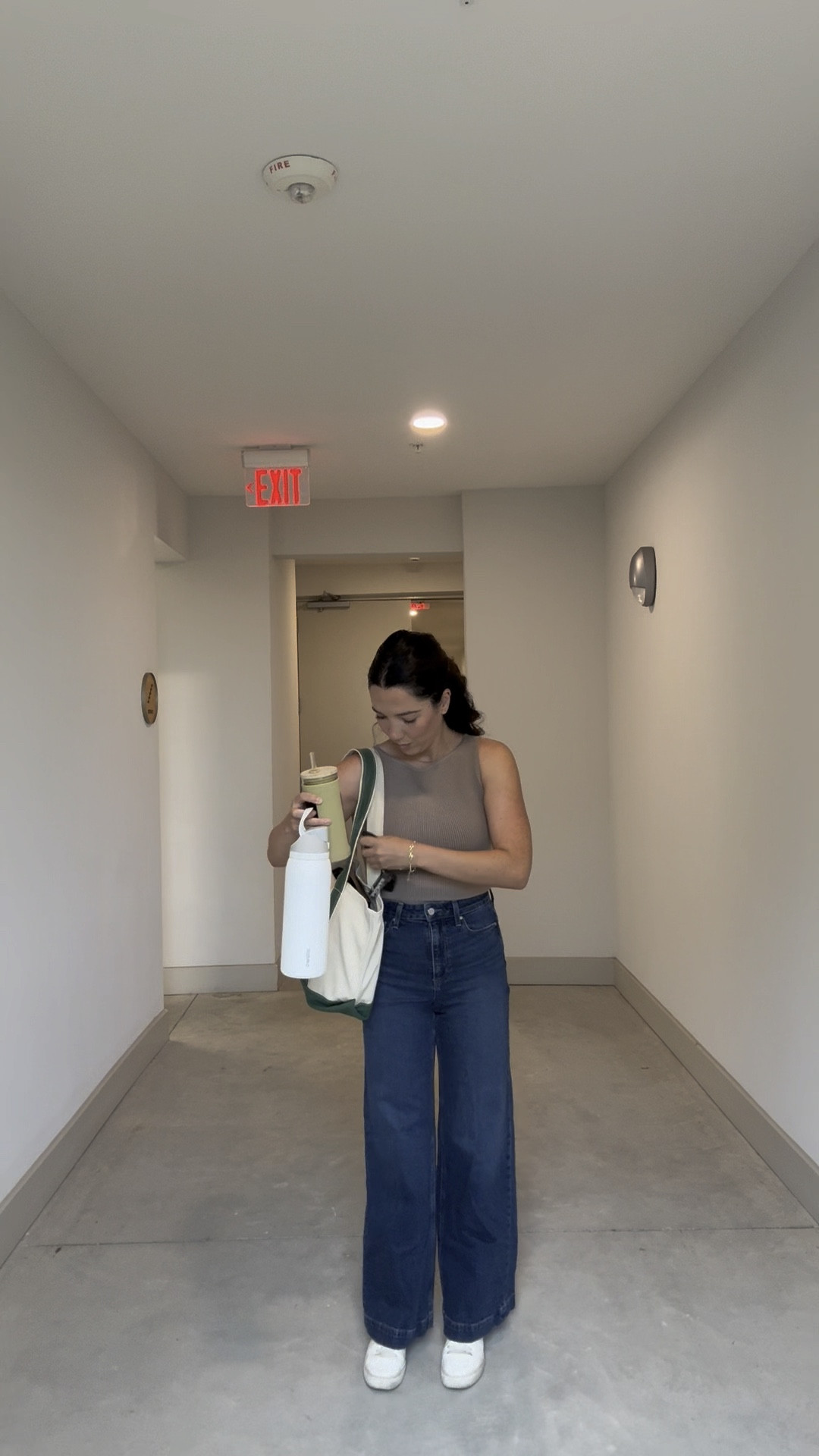 Office OOTD #3! I love a classic Jean, Elevated Tank top look! Wearing my classic white tennis shoes, and testing out a new work bag!