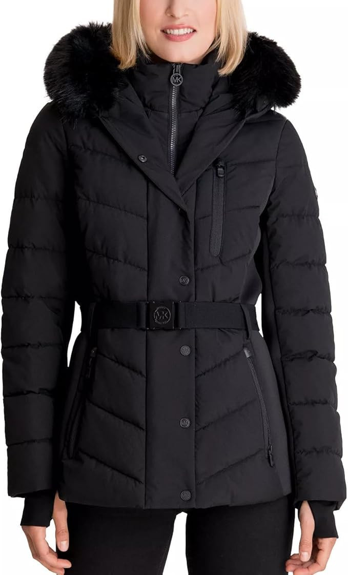 Michael Michael Kors Women's Faux Fur Hooded Puffer Scuba Belted Coat Jacket Black | Amazon (US)