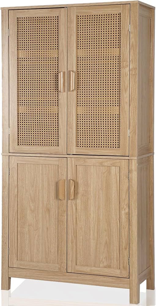 71" Kitchen Pantry Storage Cabinet, Tall Storage Cabinet with Rattan Doors & Adjustable Shelves, ... | Amazon (US)