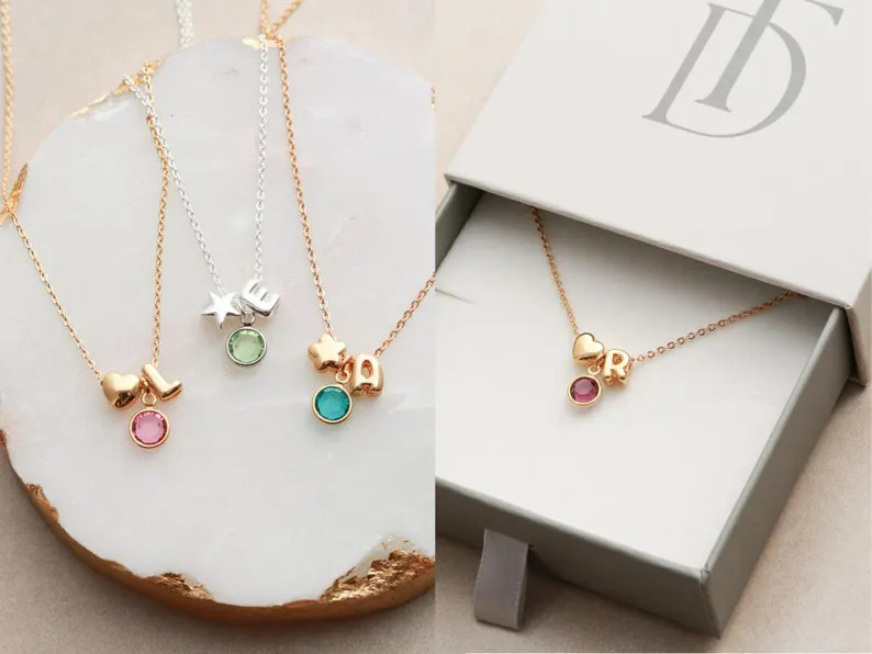 Birthstone Necklace \u2022 Children's Letter Necklace \u2022 Child Initial Necklace \u2022 Flower... | Etsy (Global)