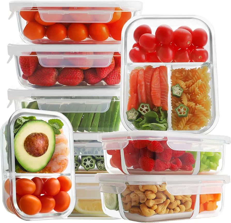 Bayco 9 Pack Glass Meal Prep Containers 3 & 2 & 1 Compartment, Glass Food Storage Containers with... | Amazon (US)