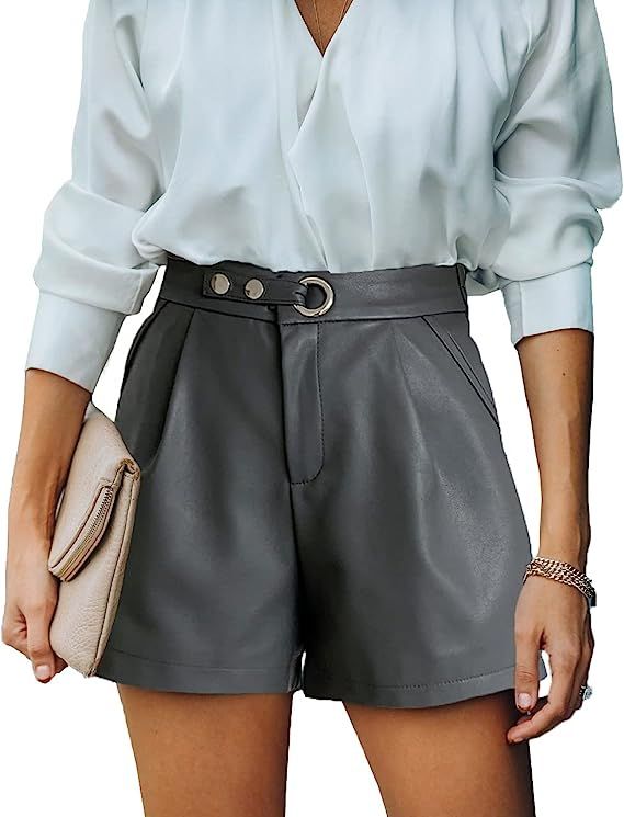 Uusollecy Women Casual Leather Shorts, Solid Hight Waist Shorts, Belt Short Pants with Pockets | Amazon (US)