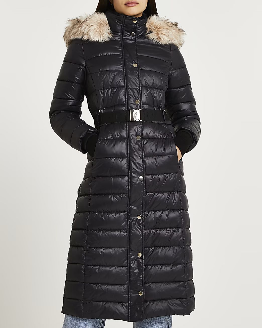 Black belted longline puffer coat | River Island (UK & IE)