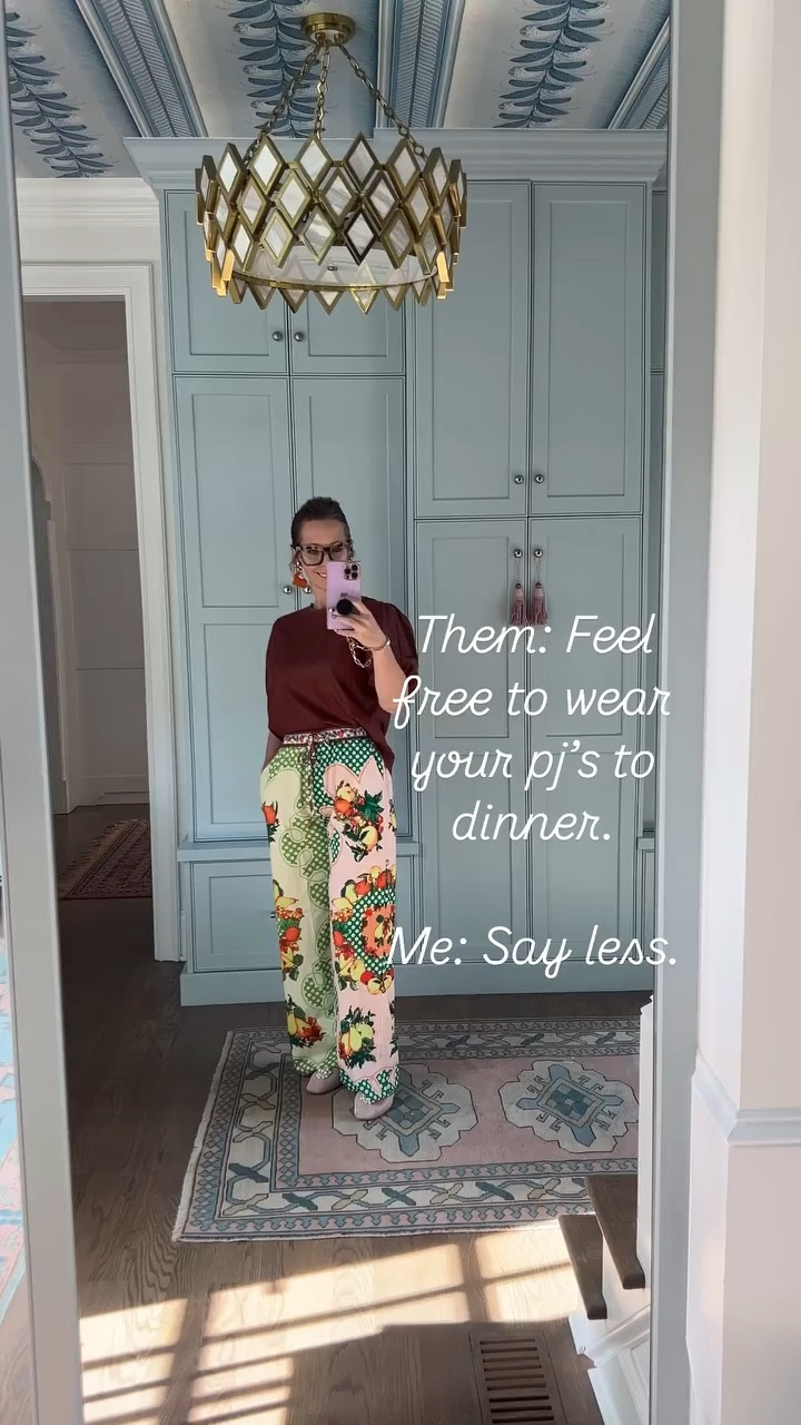 Holidays are often for dressing up - but what about dressing down-ish? Just like I like my house to be cozy, I like my clothes the same way! We always joke at Thanksgiving that we are going to wear our pajamas and this year I took it to heart and did just that (spoiler: no one knew - until I told them!).

My pants are the bottoms to a pajama lounge set (yes, it has a matching top) and I styled them with some flats and a faux leather top. I couldn’t resist the pattern for Thanksgiving since it reminds me of cornucopia. I have styled the top and bottom together and no one was the wiser this is actually a pajama lounge set. The colors and pattern make it feel so chic and add some accessories and you are both comfortable and stylish. A total win.

What do you think: would you have known these were pajama bottoms? 

#housebeautiful #southernliving #myhousebeautiful #traditionalwithatwist #southernhome #traditionalhome #sodomino #southernhomemag #betterhomesandgardens #dominomag #bhgstylemaker #mytradhome #moderntraditional #southerncharm #southernstyle #interiorstylingideas #classicdecor #hgtvmagazine #hgtvhome #ighomes #interiordecoratingideas #stylishhomevibes #colormakesmehappy 
#colorismyjam #bhgcolor #boldcolor #colorfuldecor
#stylingtip #pajamaset #loungeset

#LTKStyleTip #LTKHoliday #LTKParties