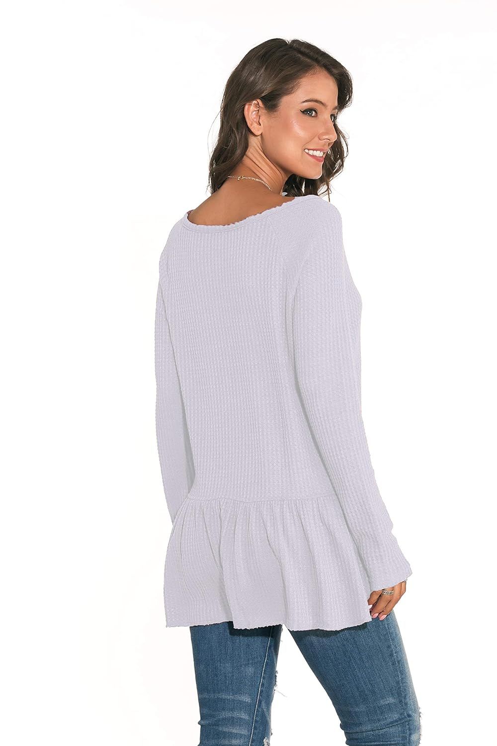 Chvity Women's Novelty Knit Sweaters V-Neck Ruffle Peplum Tops Long Sleeve Tunic Blouses | Amazon (US)