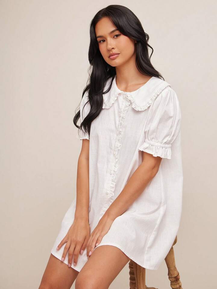 WESTFADE 100% Cotton Ruffle Collar Short Puff Sleeve Button Up Mini A Line Boho Cowgirl Dress Nashville Rodeo Vacation Cute Brunch Outfit | SHEIN