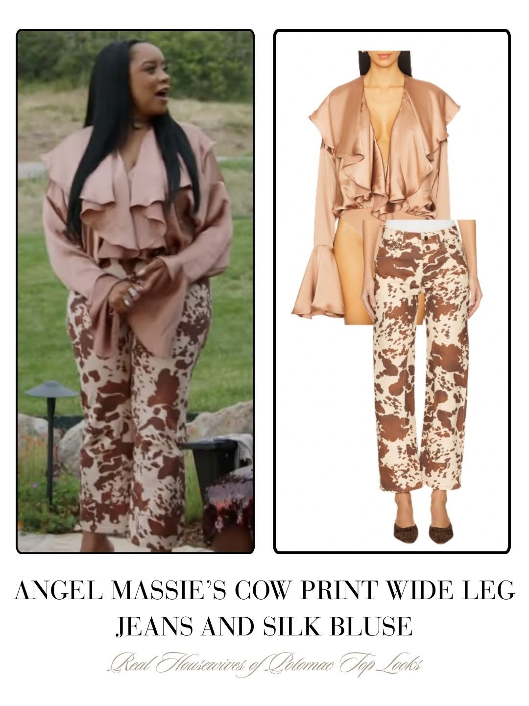 Angel Massie’s Cow Print Wide Leg Jeans and Silk Blouse 