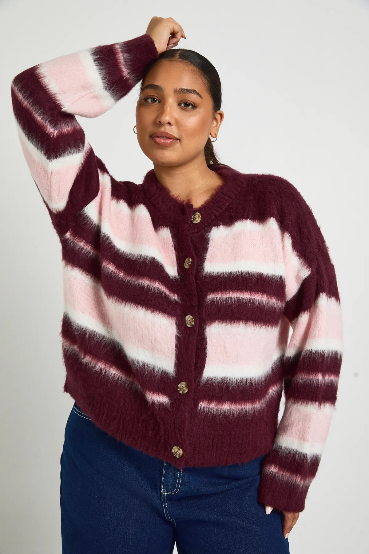 Burgundy Plus Crew Neck Fluffy Stripe Cardigan | Boohoo USA | boohoo (US & Canada)